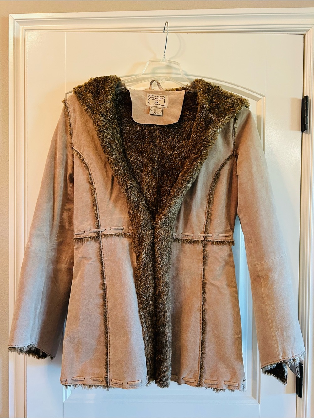 BKE Vintage Women's Taupe Faux-Shearling Leather Jacket with Hood